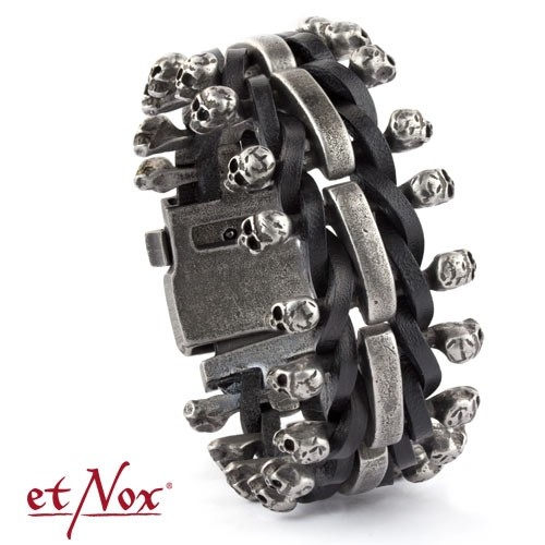 etNox-Armband "Skulls on Leather", Edelstahl