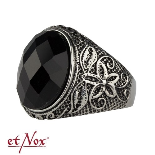 etNox - Ring "Schwarze Blume" Edelstahl mit schwarzem Stein